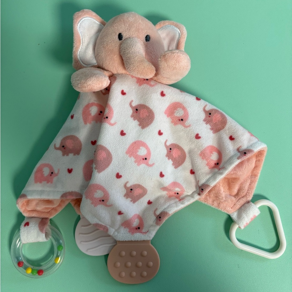 Modern Baby Pink Elephant Security Blanket Rattle Lovey, Snuggle Blankie Teether